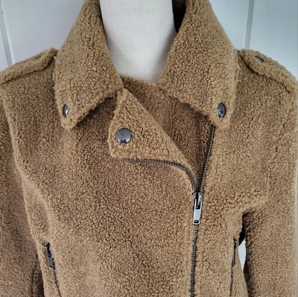 Zara Camel Teddy Moto Shearling Jacket Size L - Picture 2 of 16